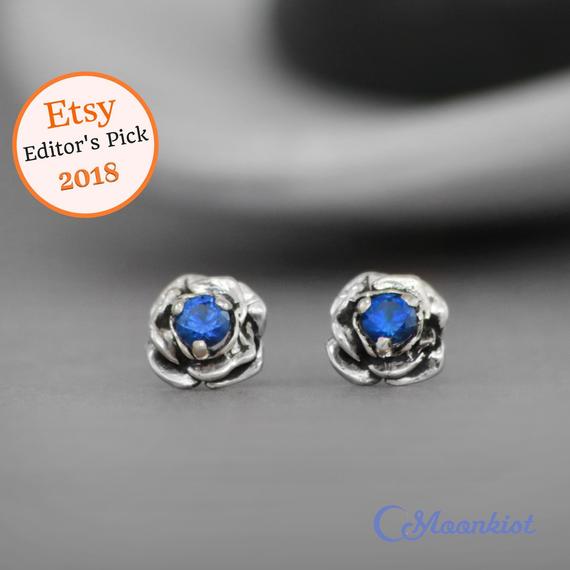 Blue Sapphire Flower Earrings, Sterling Silver Sapphire Stud Earrings | Moonkist Designs