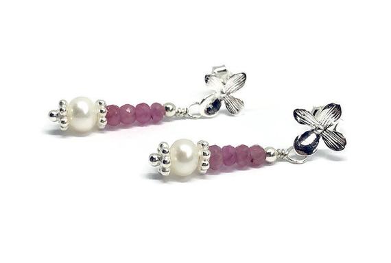 Sapphire Earrings, Pink Gemstone, September Birthstone, Drop Earrings, Flower Earrings, Gift For Her, Birthday Gift, Gemstone Jewellery