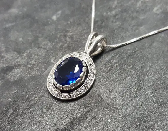 Sapphire Pendant, Created Sapphire, Victorian Pendant, Blue Diamond Pendant, Royal Blue Pendant, Blue Vintage Pendant, Solid Silver Pendant