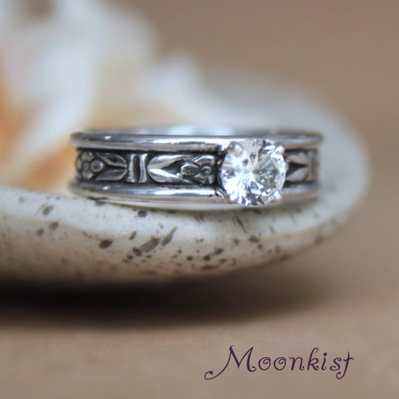 Forget Me Not Engagement Ring, Sterling Silver Moissanite Ring, Art Deco Flower Ring | Moonkist Designs