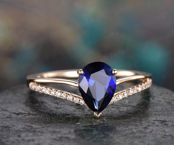 Pear Blue Sapphire Engagement Ring Solid 14k Yellow Gold Ring Split Shank Diamond Ring 6x8mm Sapphire Ring Vintage Gold Women Wedding Ring
