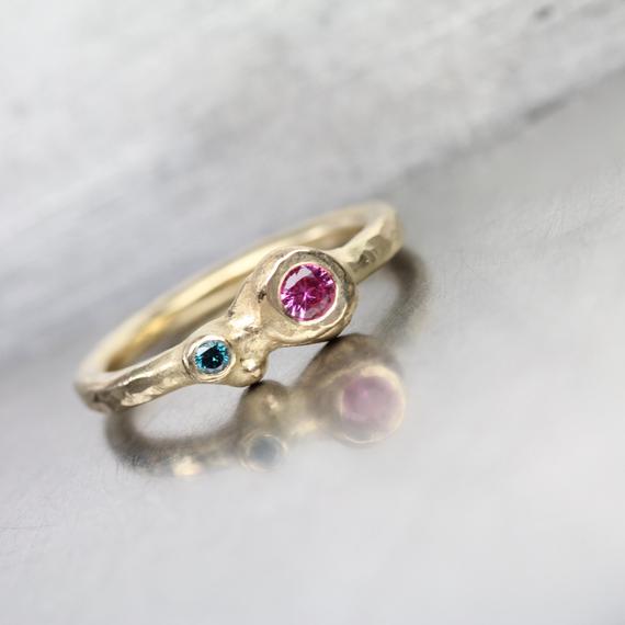 Pink Sapphire Teal Blue Diamond Engagement Ring 14k Yellow Gold Organic Double Gemstone Romantic Boho Low Profile Bridal Band - Sugar Orbs
