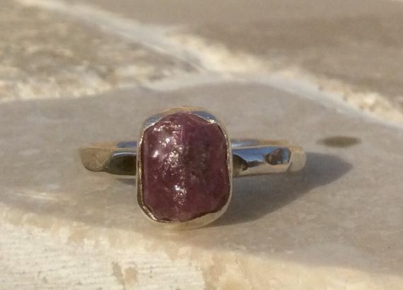 Raw Stone Ring, Pink Sapphire Silver Ring, 925 Silver Womens Rings