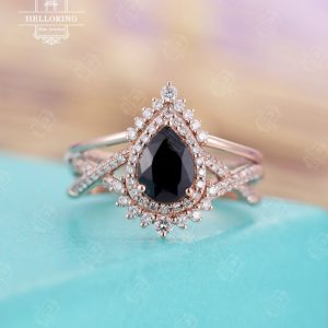 Shop Sapphire Jewelry! Vintage Black onyx engagement ring set Pear cut moissanite diamond curved wedding band Rose Gold Bridal set Anniversary Promise ring | Natural genuine Sapphire jewelry. Buy handcrafted artisan wedding jewelry.  Unique handmade bridal jewelry gift ideas. #jewelry #beadedjewelry #gift #crystaljewelry #shopping #handmadejewelry #wedding #bridal #jewelry #affiliate #ad