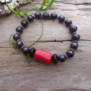 Shungite And Red Coral Beaded Bracelet | Natural genuine Array bracelets. Buy crystal jewelry, handmade handcrafted artisan jewelry for women.  Unique handmade gift ideas. #jewelry #beadedbracelets #beadedjewelry #gift #shopping #handmadejewelry #fashion #style #product #bracelets #affiliate #ad