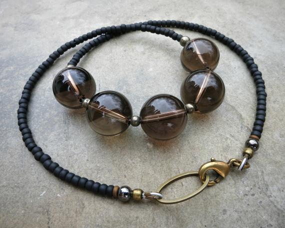 Chunky Smoky Quartz Necklace, Bold Yet Neutral Brown Gray Quartz Crystal Necklace With Matte Black Beaded Chain
