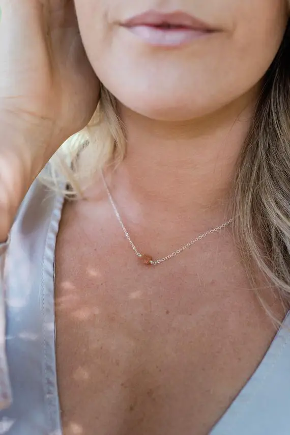 Small Raw Orange Sunstone Crystal Nugget Necklace In Gold, Silver, Bronze Or Rose Gold - 16" Chain With 2" Adjustable Extender