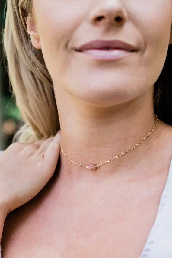 Tiny Raw Orange Sunstone Crystal Nugget Choker Necklace In Gold, Silver, Bronze Or Rose Gold. Adjustable Length. Handmade To Order.