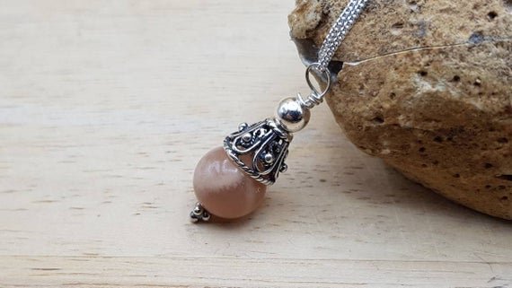 Small Sunstone Pendant. Minimalist Bali Silver Cone Necklace. Reiki Jewelry Uk. 10mm Semi Precious Stone.