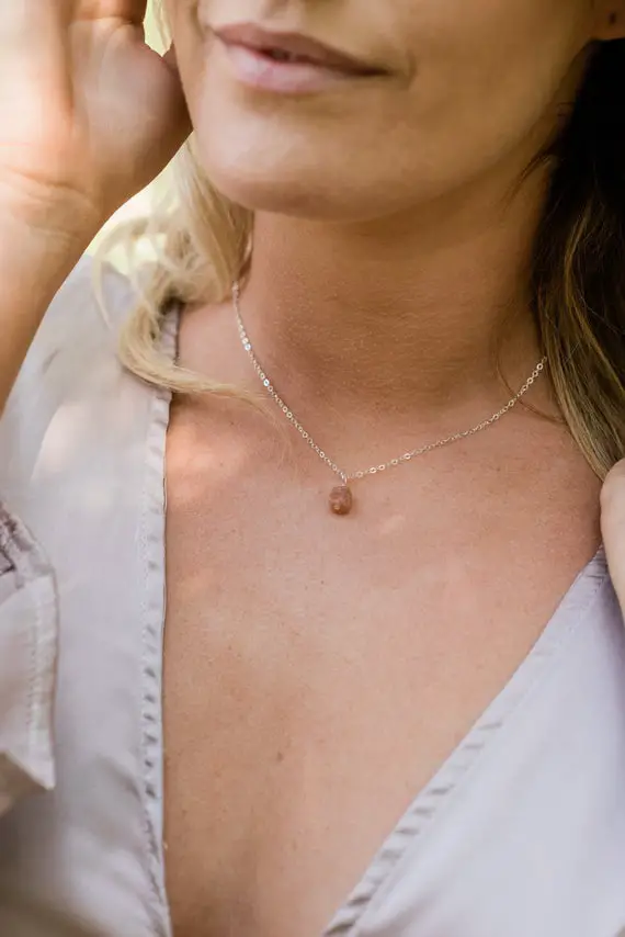Tiny Raw Orange Sunstone Gemstone Pendant Necklace In Gold, Silver, Bronze Or Rose Gold - 16" Chain With 2" Adjustable Extender