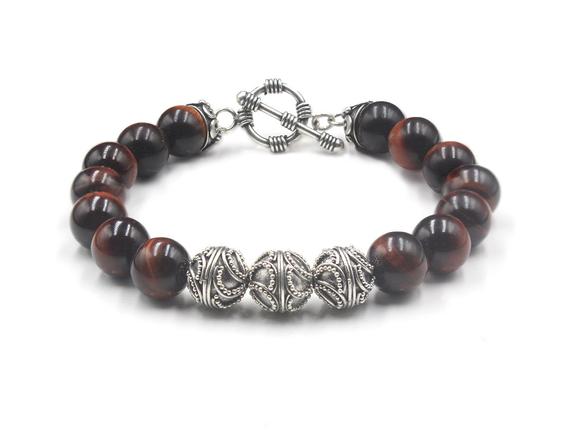 Men's Bracelet, Red Tiger's Eye Bracelet, Designer Bracelet, Men's Silver Bracelet, Tiger's Eye And Sterling Silver, Men's Luxury Bracelet