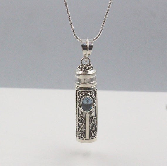 Sterling Silver Perfume Bottle, Silver Bottle Pendant, Sterling Silver Vial, Cremation Ash Container, Silver And Blue Topaz Bottle Necklace