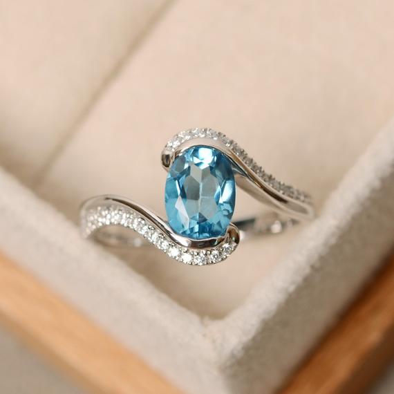 Swiss Blue Topaz Ring, Oval Gemstone Ring, Blue Gemstone Ring, Blue Topaz Ring