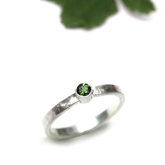 Lucky St. Patrick's Day Ring Dark Green Tourmaline Silver Delicate Four Leaf Clover Dot Hammered Band March Spring Design - L'il Pot Of Luck