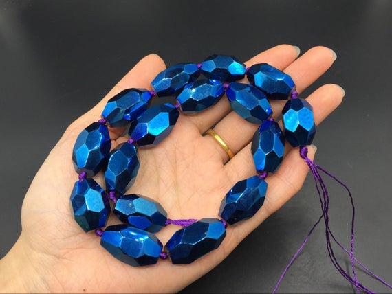Faceted Agate Olive Beads Polished Titanium Blue Agate Nugget Beads Loose Agate Beads Chunky Gemstone Beads 15pieces/strand