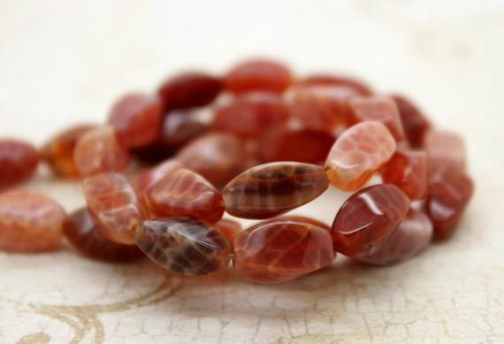 Fire Agate, Red Fire Agate Twisted Oval Smooth Polished Gemstone Beads - 6mm X 12mm - Pg172