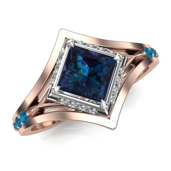 Alexandrite Engagement Ring, Rose Gold Or Platinum  |  Modern Southwest Geometric Ring | Lab Grown | "phoenix"
