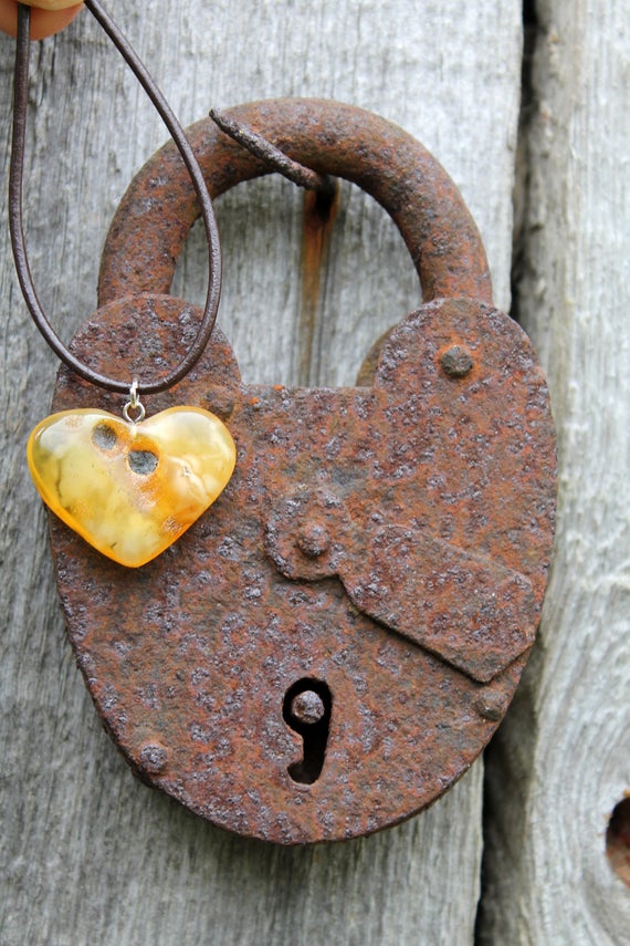 Rustic Amber Heart Necklace Hand Sculpted Pendant Yellow Orange Butterscotch Amber Charm Romantic Natural Mother's Day Gift