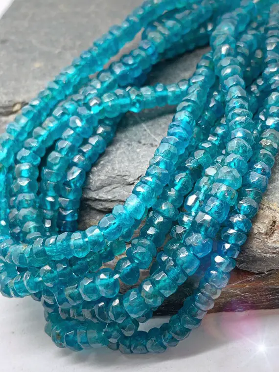 Rustic Neon Blue Apatite Hand Cut Faceted Rondelle Disc Spacer Beads Teal Gemstone Beads Sea Ocean Blue Gemstone Beads 4mm Approx