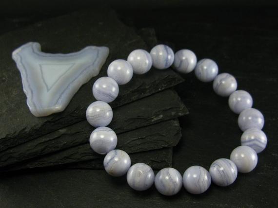 Blue Lace Agate Genuine Bracelet ~ 7.5 Inches  ~ 12mm Round Beads