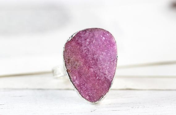 Pink Cobalto Ring - Size 8 - Cobalto Calcite Jewelry - Pink Druzy Crystal Ring - Sparkly Crystal - Solid Silver Ring