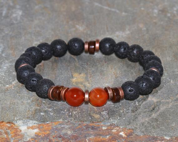 Volcanic Lava & A Grade Carnelian Bracelet, Mens Yoga Bracelet, Minimalist Root Chakra Wrist Mala Beads, Protection - Grounding - Strength