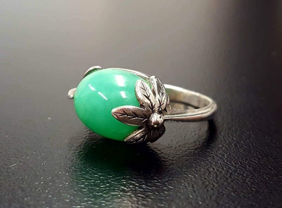 Chrysoprase Ring, Natural Chrysoprase Ring, May Birthstone Ring, Green Leaf Ring, Silver Vintage Ring, Silver Leaf Ring, Rare By Adina