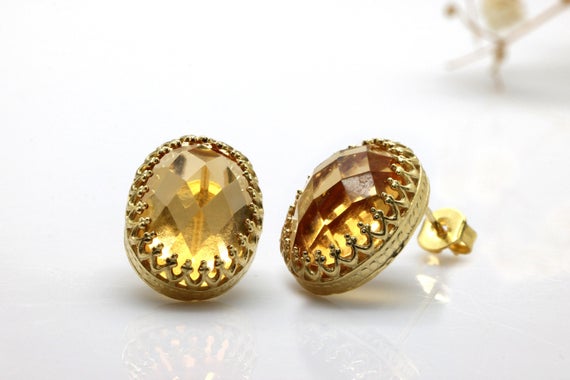 Citrine Earrings · Post Earrings · Gold Earring · Post Oval Earrings · Stone Earrings · Gemstone Earrings · November Birthstone Earrings