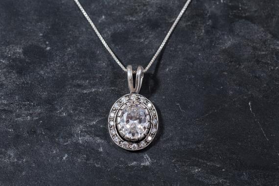 Diamond Necklace, Created Cz Diamond, Vintage Pendant, Oval Diamond Pendant, Bridal Pendant, Antique Necklace, Sparkly Pendant, Solid Silver