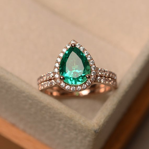 Emerald Engagement Ring,pear Cut, 14k Solid Rose Gold, May Birthstone, 2 Rings Bridal Sets