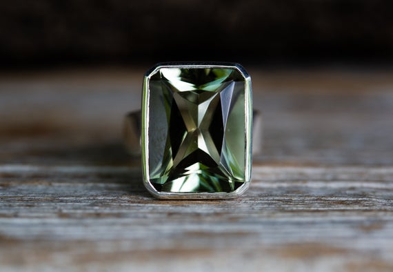 Green Quartz Ring Sizes 5 - 9 Prasiolite Sterling Silver Ring - Green Amethyst Ring - Green Quartz Ring Princess Cut Green Amethyst Ring