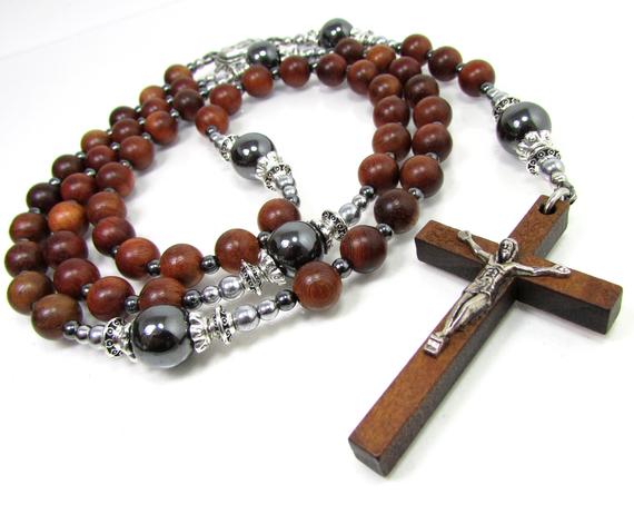 Wood And Hematite Rosary Necklace With Wooden Cross, Unisex Mens Women Rosary, Cross Necklace For Men Or Women, Wooden Beaded Cross Necklace