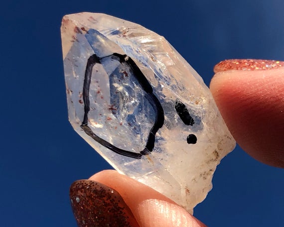 Brandberg Enhydro Quartz Crystal With Red Hematite, Moving Bubble, Clear Strawberry Quartz Point #14