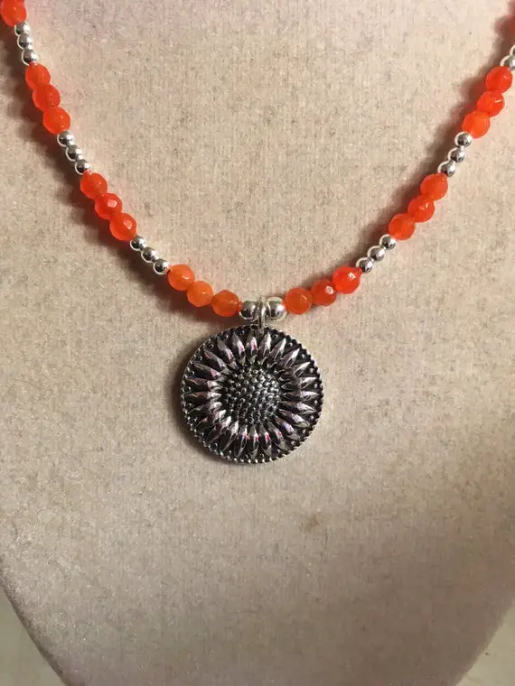 Orange Necklace - Jade Gemstone Jewelry - Sterling Silver Flower Pendant - Beaded Jewellery