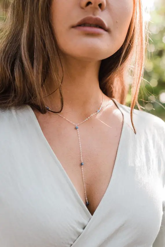 Blue Kyanite Crystal Beaded Chain Lariat Necklace In Bronze, Silver, Gold Or Rose Gold - 16" Chain With 2" Adjustable Extender And 4" Drop