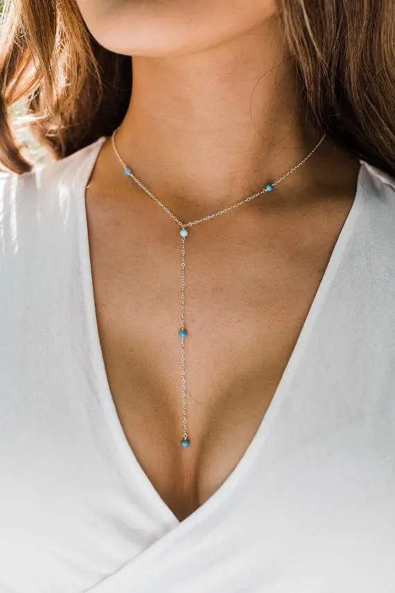 Sky Blue Larimar Crystal Beaded Chain Lariat Necklace In Bronze, Silver, Gold & Rose Gold. 16" Chain With 2" Adjustable Extender And 4" Drop