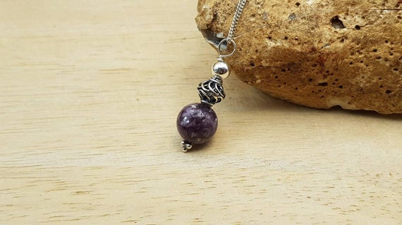 Purple Lepidolite Pendant. Bali Silver Beads. Reiki Jewelry Uk. Libra Jewelry. Minimalist Cone Necklace