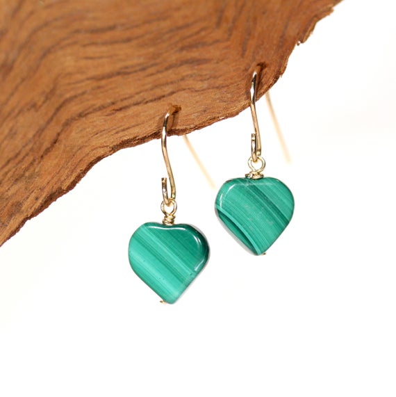 Malachite Heart Earrings, Green Heart Stone Earring, Malachite Jewelry, Anniversary Gift Idea, Gift Under 25, Dangle Earrings