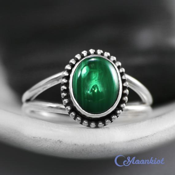 Dainty Oval Malachite Ring, Sterling Silver Split Shank Ring, Green Gemstone Ring, Silver Handmade Ring | Moonkist Designs