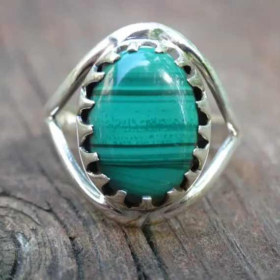 Natural Green Malachite Sterling Silver Ring Size 8 - Ring Size 8 - Natural Stone Ring - Malachite Ring Size 8 - Green Malachite Ring
