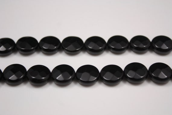 14mm Faceted Black Onyx Beads Coin Beads 16" Full Strand Flat Round Onyx Beads Black Gemstone Beads Supplies Semi Precious Stone Beads