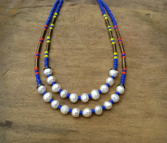 Colorful Beaded Bohemian Necklace With Freshwater Pearls, Royal Blue Seed Beads, And Choice Of Yellow Or Orange Accents