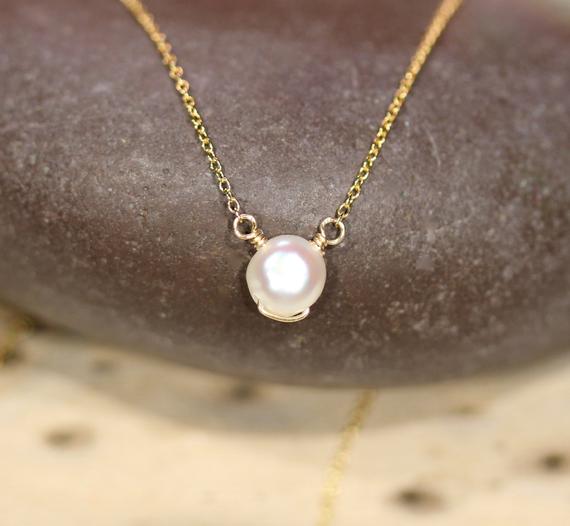 Pearl Necklace, White Pearl Pendant, Solitaire Necklace, Tiny Round Pearl Jewelry, Floating Necklace, Layering Necklace, Gift Under 30