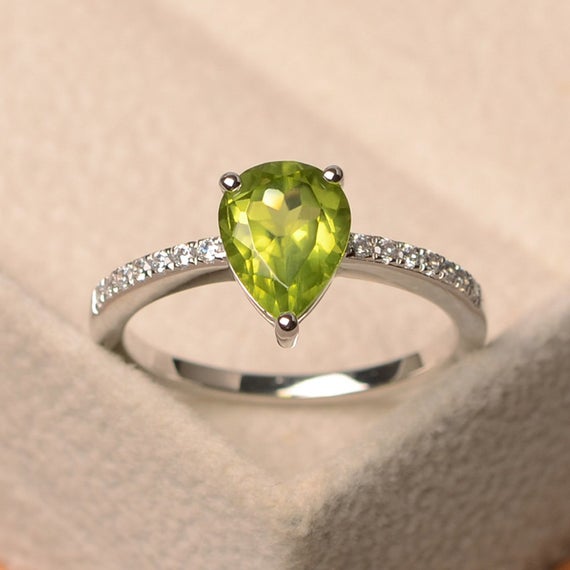 Natural Peridot Ring, Pear Cut Green Gemstone, Sterling Silver Ring, August Birthstone, Engagement Ring,