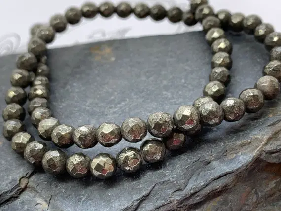 Natural Gold Pyrite Faceted Round Beads 6mm
