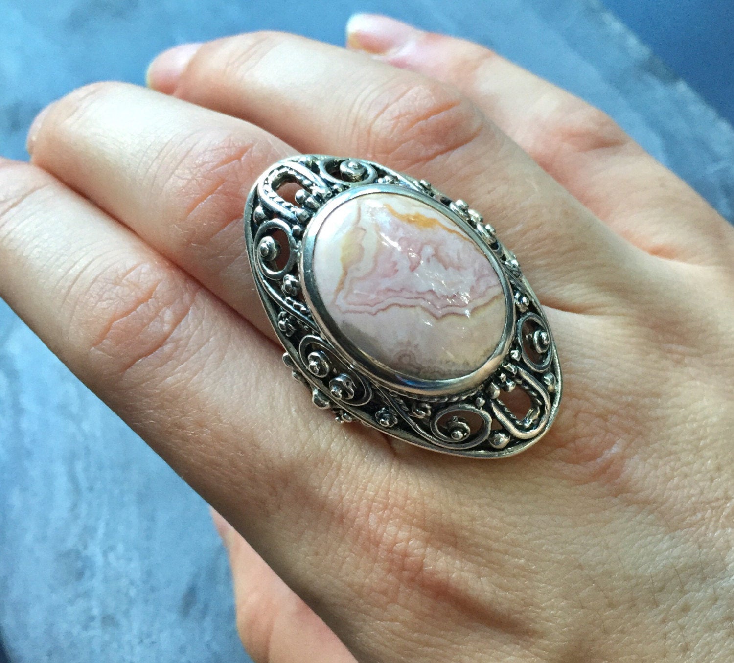 Rhodochrosite Ring, Natural Stone, Vintage Ring, Statement Ring, Large Stone Ring, Natural Stone Ring, Solid Silver Ring, Pure Silver