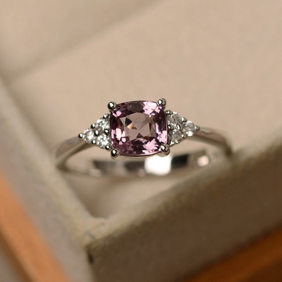 Pink Spinel Ring For Women,cushion Cut Gemstone ,sterling Silver Rings,engagement Rings