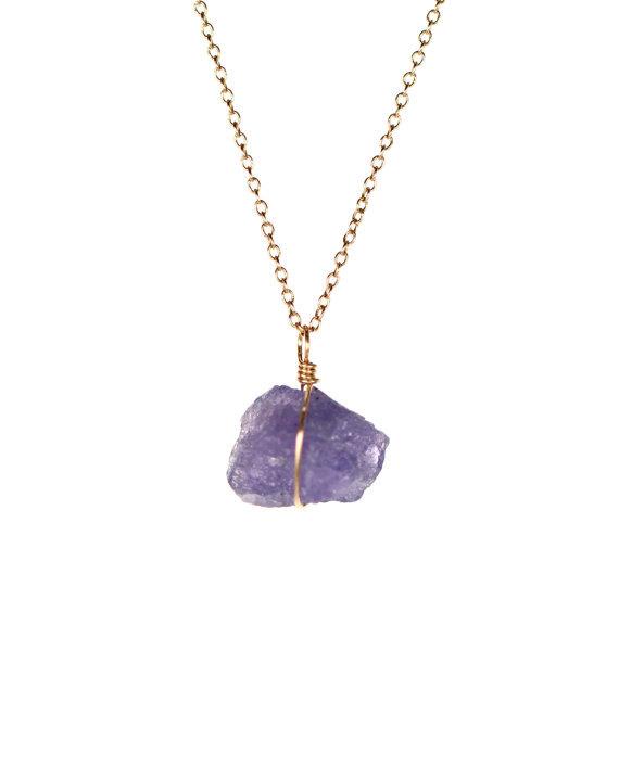 Tanzanite Necklace - Purple Crystal Necklace - A Wire Wrapped Raw Purple Tanzanite Hangs From A 14k Gold Filled Chain