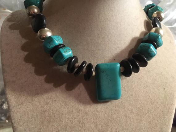 Turquoise Necklace - Black Jewelry - Gemstone Jewellery - Chunky - Sterling Silver - Fashion -trendy