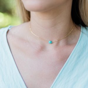Shop Turquoise Necklaces! Tiny raw blue green turquoise crystal nugget choker necklace in gold, silver, bronze or rose gold – 14" chain with 2" adjustable extender | Natural genuine Turquoise necklaces. Buy crystal jewelry, handmade handcrafted artisan jewelry for women.  Unique handmade gift ideas. #jewelry #beadednecklaces #beadedjewelry #gift #shopping #handmadejewelry #fashion #style #product #necklaces #affiliate #ad
